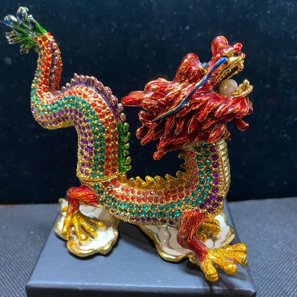 Vintage NWT Gorgeous Chinese Dragon Trinket Box Enamel, and Full of Crystals